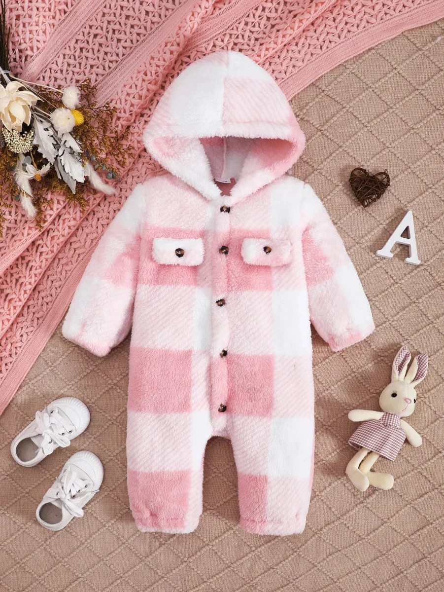Baby Plaid Fluffy Fleece Long-sleeve Romper - Image 8